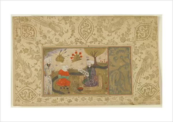 Folio from an unidentified text; A Woman Converses with a Seated Man by a Stream, Iran, c