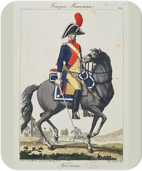 Gendarme mounted on a horse, 1807 (colour engraving)