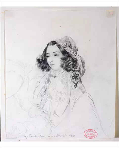 George Sand (1804-76) Wearing a Headscarf, 1833 (pencil on paper)