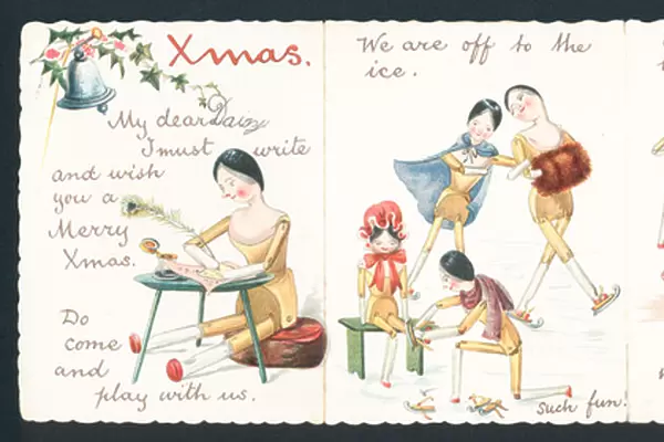 Wooden Dolls ice-skating and playing, Christmas Card (chromolitho)