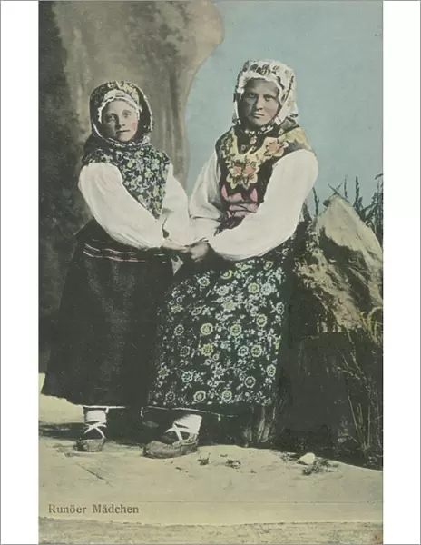 Girls in Latvian traditional costume (colour photo)