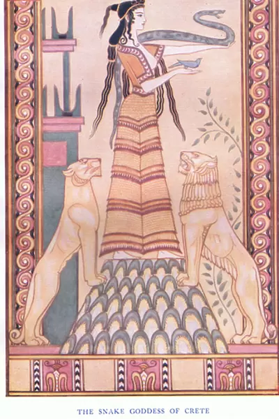The snake goddess of Crete, illustration from Myths of Crete and Pre-Hellenic Europe pub