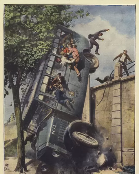 At a narrow turn of a ramp, at the Padua railway station, a bus... (colour litho)