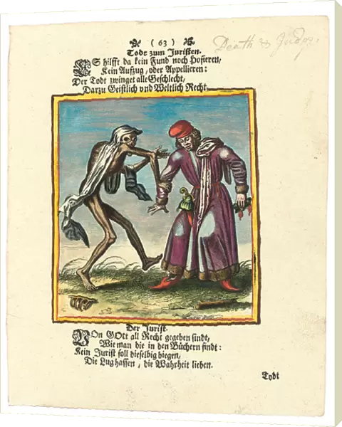 Death and the Lawyer, c. 1700-1725 (hand-coloured engraving)