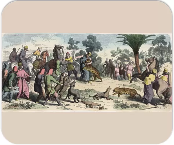 Ancient Orient: A Persian king and his entourage hunting, 1866 (coloured engraving)