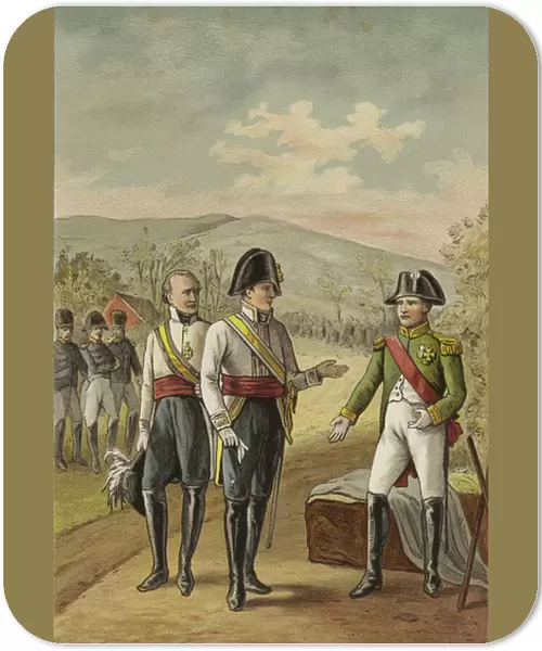 Meeting of Napoleon and Emperor Francis II of Austria after the Battle of Austerlitz, 1805 (colour litho)