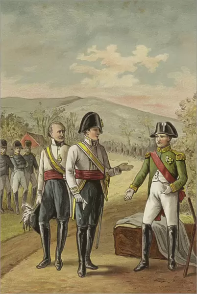 Meeting of Napoleon and Emperor Francis II of Austria after the Battle of Austerlitz, 1805 (colour litho)