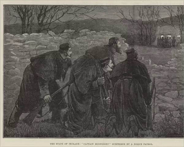 The State of Ireland, 'Captain Moonlight'surprised by a Police Patrol (engraving)