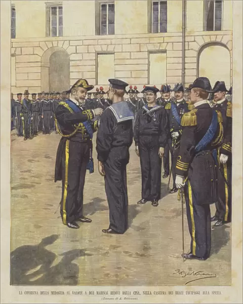 The Consignment Of The Medal For Valor To Two Sailors From China, In The Royal Crews Barracks In La Spezia (Colour Litho)
