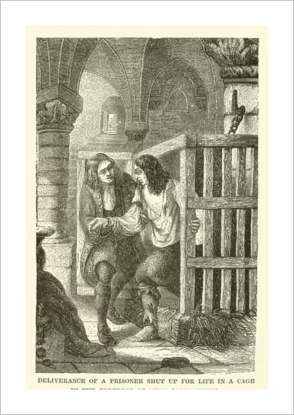 Deliverance of a prisoner shut up for life in a cage in the fortress of Mont Saint-Michel (engraving)