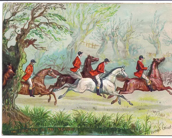 A Victorian greeting card of fox hunters racing by while the fox hides in a tree, c