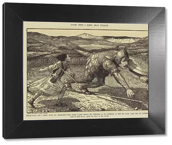 David, with a sling, kills Goliath (engraving)