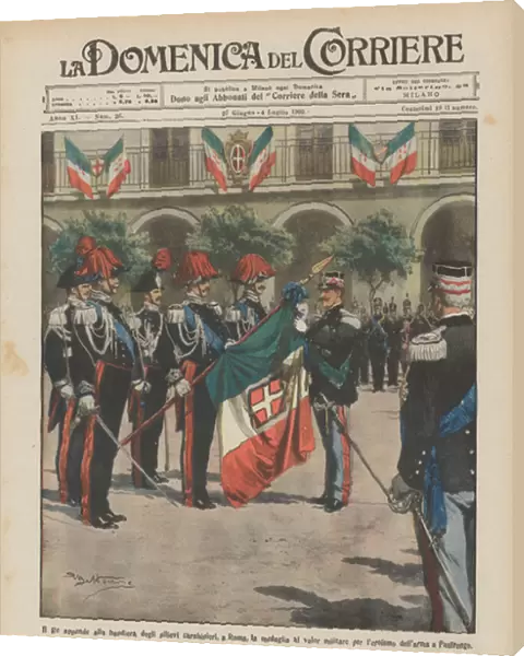 The King hangs on the flag of the Carabinieri students, in Rome, the medal for military valor for... (colour litho)