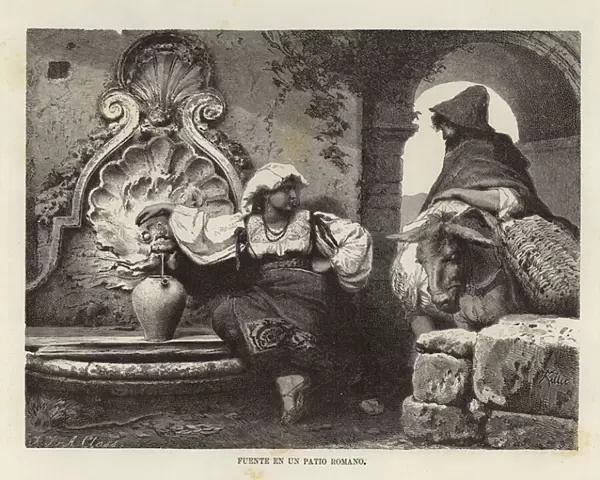 Fountain in a Roman courtyard (engraving)