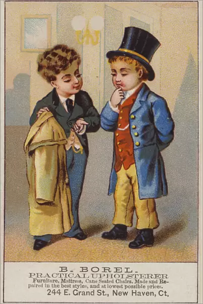 Two Boys in discussion, Upholstery Advert (chromolitho)