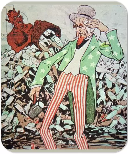 Cartoon showing Uncle Sam exhausted by the flow of bootleg produced by the devil