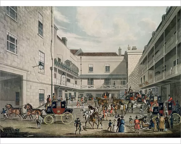 Royal Mail Coaches leaving The Swan with Two Necks Inn, Lad Lane, engraved by F