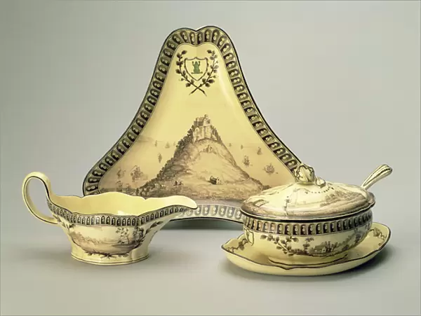 Covered bowl and spoon, triangular dish and sauceboat, from the Green Frog