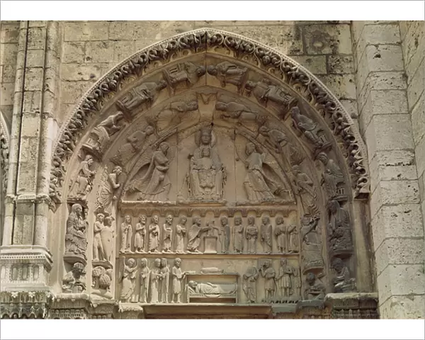 View of the tympanum depicting the Madonna and Child Enthroned