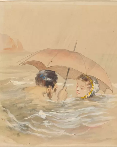 Male and Female Bathers with Umbrella (w  /  c and gouache over graphite on card)