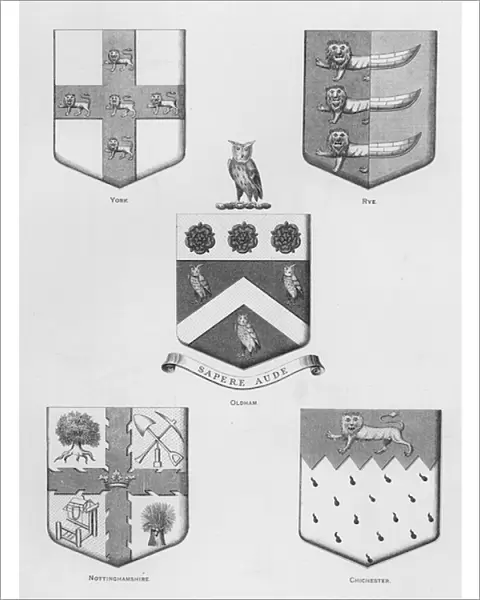 Public arms: York; Rye; Oldham; Nottinghamshire; Chichester (engraving)
