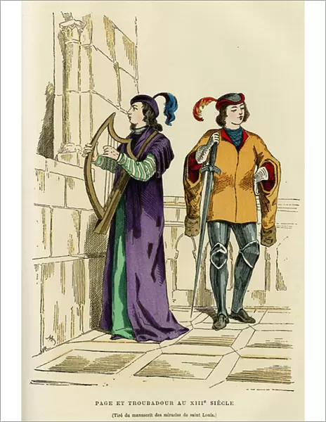 Page costumes and troubadour in the 13th century. Colour engraving after a drawing of