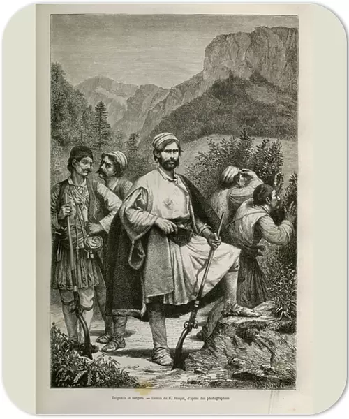 Greek brigands and shepherds, accomplices in the mountains, drawing by E