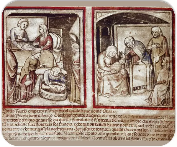 Ruth gives birth to Obed (Obeth) son of Boaz (Booz) Miniature from codex 212