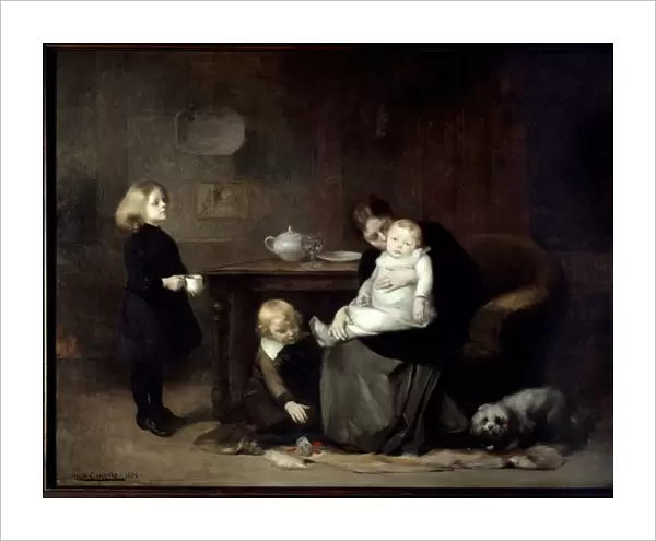 The sick child A widow mother kissing her sick baby. Painting by Eugene Carriere