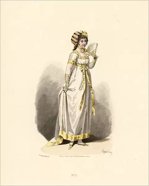 Woman in white dress with yellow trim with fan