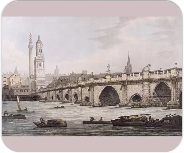 View of London Bridge, including the Church of St. Magus and The Monument, engraved by J
