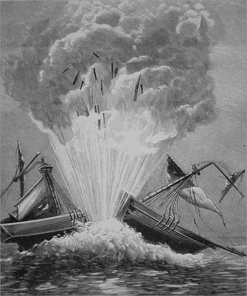 The first torpedo, invented by Robert Fulton (1765-1815) blows up the Danish brig