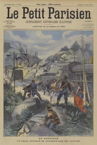 A train in America attacked by robbers using dynamite (colour litho)