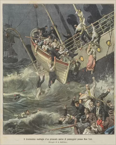 The dramatic shipwreck of a passenger-laden steamer in New York (colour litho)