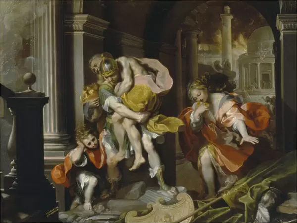Aeneas and Anchises escaping from Troy, c. 1587 (pen & ink and oil with white heightening)