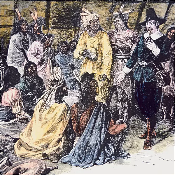 Roger Williams purchases the required land from the Narragansett Indians (colour litho)