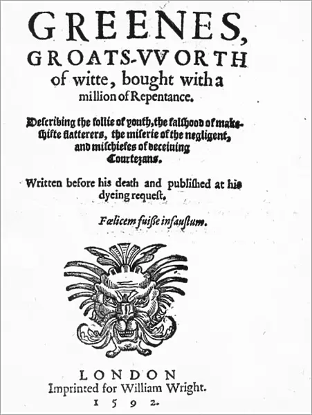 Titlepage to Greenes Groats-Worth of Wit, attributed to Robert Greene
