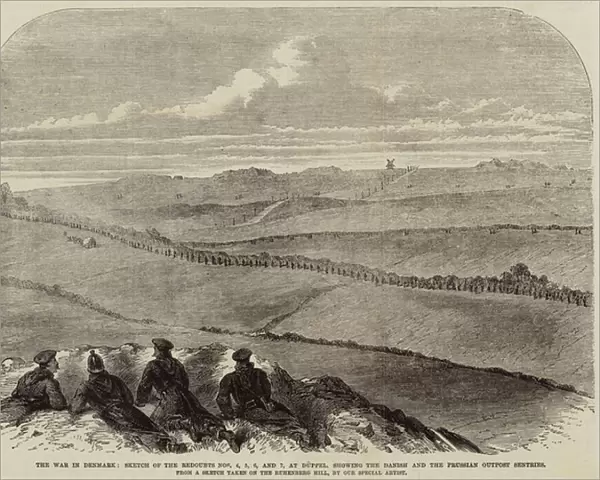 The War in Denmark, Sketch of the Redoubts Nos 4, 5, 6, and 7, at Duppel, showing the Danish and the Prussian Outpost Sentries (engraving)