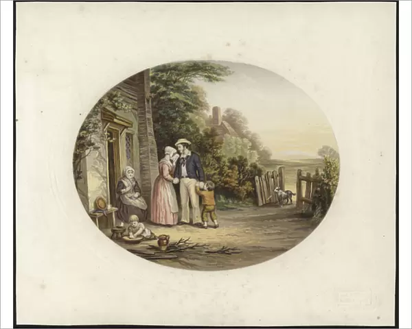 A man stands with his family by the entrance of a house (colour litho)
