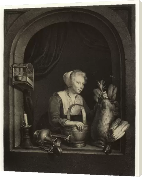 A woman hanging up a fowl (litho)