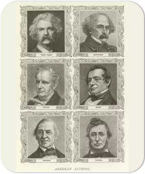 American Authors, 'Mark Twain', Hawthorne, Cooper, Irving, Emerson, Thoreau (engraving)