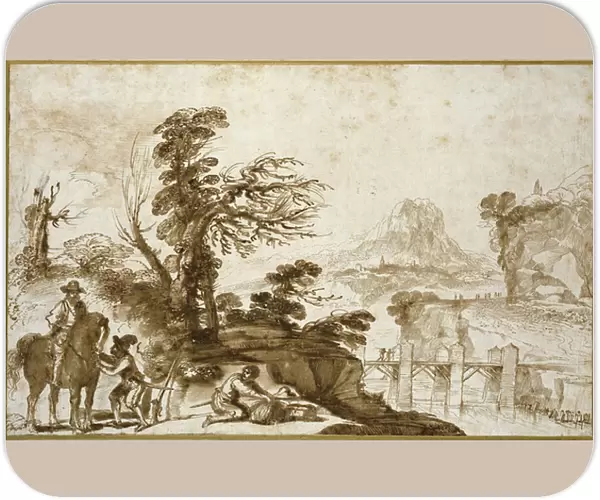 Landscape with a Horseman and a Bridge (pen and wash in brown ink with some black chalk