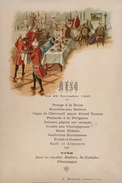 French menu for a dinner, 1897 (chromolitho)