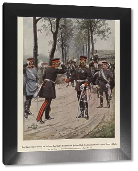 Crown Prince Frederick of Germany awarding Field Marshal Helmuth von Moltke the Iron Cross on behalf of his father, Kaiser Wilhelm I (colour litho)