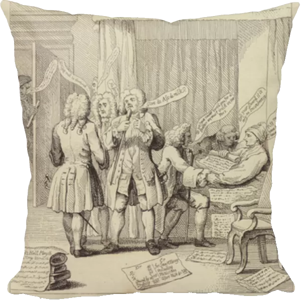 Le Malade Imaginaire: satire depicting author and botanist John Hill in bed being consulted by a range of physicians all determined to secure their fees, 1752 (engraving)