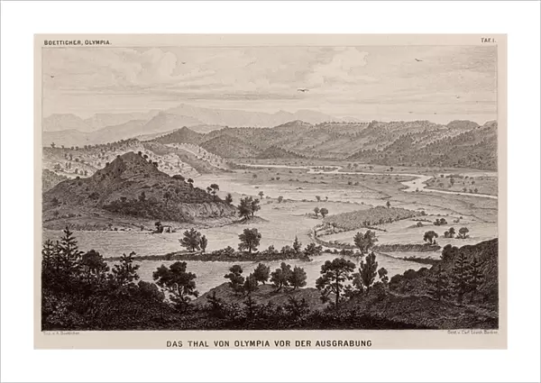 Valley of Olympia, Greece, before archaeological excavations (engraving)