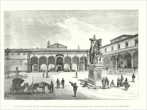 Place et Eglise de la Santissima Annunziata, avec le Portique de l Hospice des Enfants-Trouves (engraving)