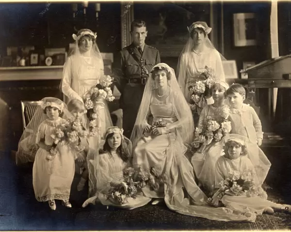 Group wedding portrait of Lady Blanche Cavendish and Colonel Ivan Murray Guards Chapel