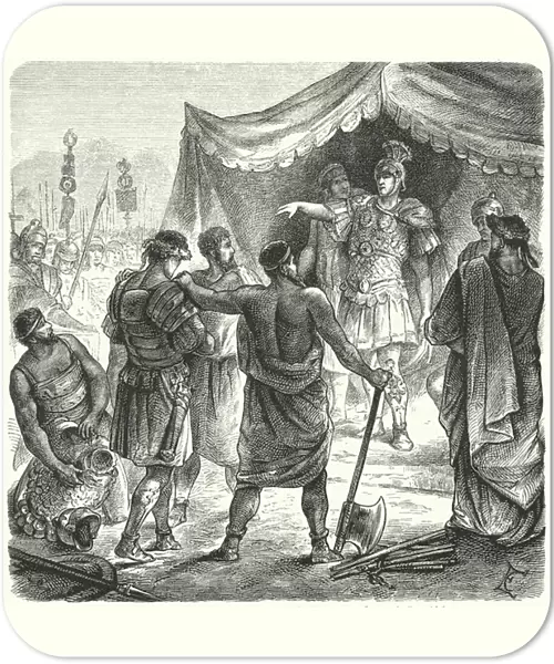 Roman consul Titus Manlius Torquatus condemning his son to death for leaving his post in battle (engraving)