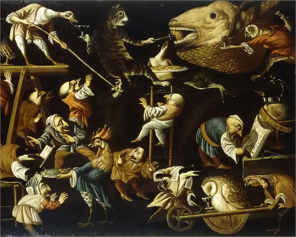 Imaginary Animals and Dwarfs Fighting, Drinking and Carousing (oil on canvas)